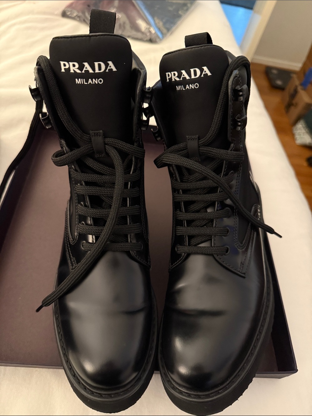Prada Black Leather and Nylon Combat Boots with PRADA Milano Tongue